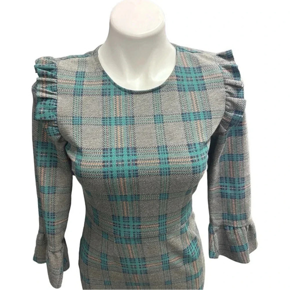 J.O.A. Roseanna Grey/Teal Plaid Flounce Sleeve Mini Short Dress Twee Ruffles - Picture 4 of 13